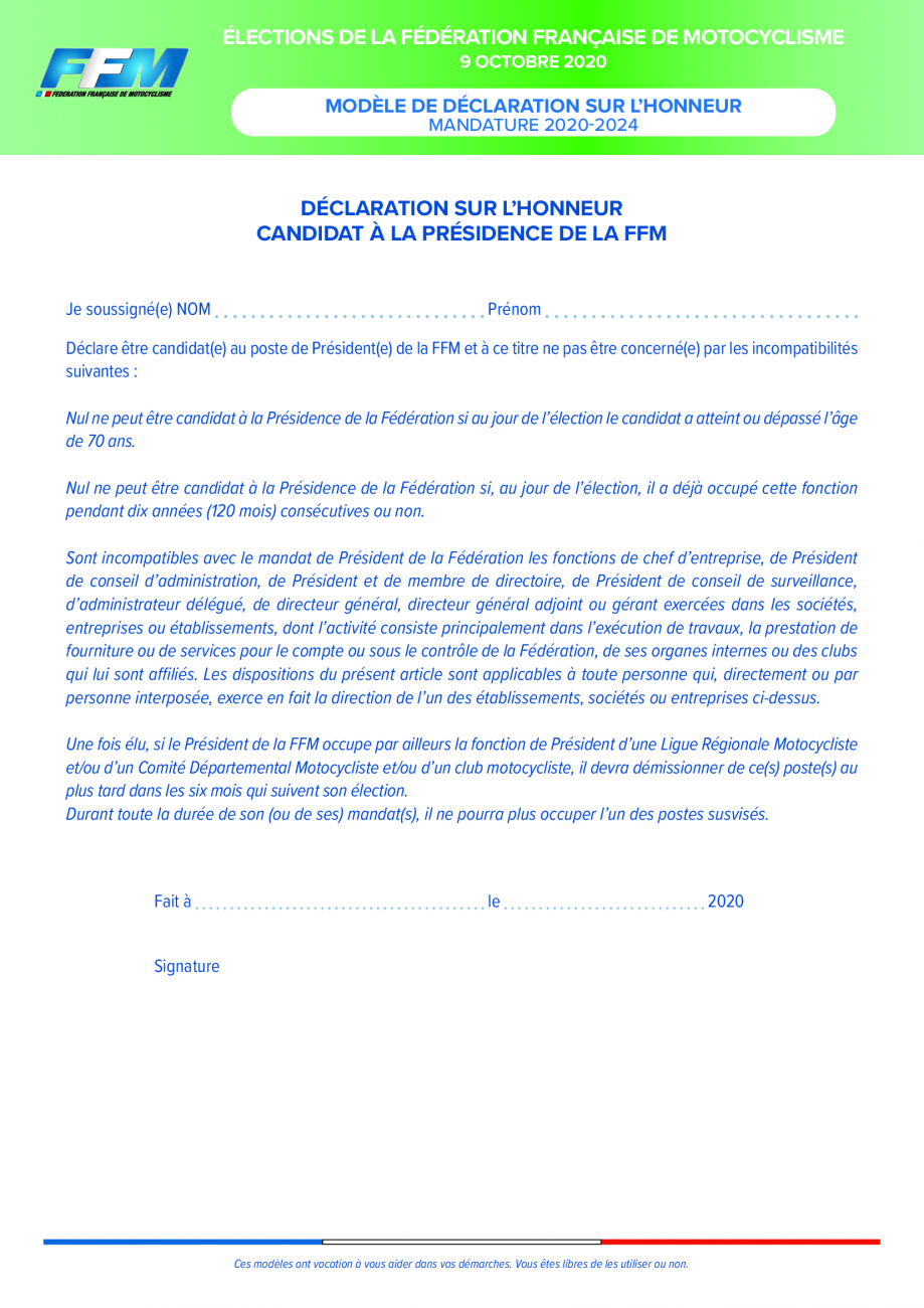 Modele Declaration Honneur Presidence 2020 Ffmoto