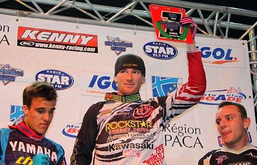 <b>Podium SX1 : Gautier Paulin - Yamaha, Grégory Aranda - Kawasaki et Maxime Lesage - Kawasaki (photo Bud Racing)</b>
