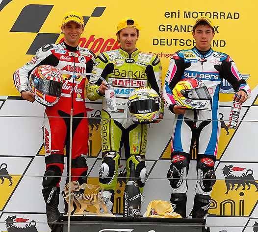 <b>Podium 125 : Johann Zarco – Derbi, Héctor Faubel – Aprilia et Maverick Viñales - Aprilia (photo MotoGP.com)</b>