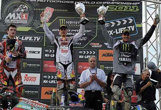<b>Podium MX2 : Jeffrey Herlings – KTM, Ken Roczen – KTM et Gautier Paulin – Yamaha (photo Youthstream)</b>