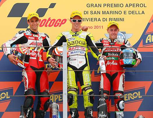 <b>Podium 125cc : Johann Zarco – Derbi, Nico Terol – Aprilia et Efrén Vázquez - Derbi (photo MotoGP.com)</b>