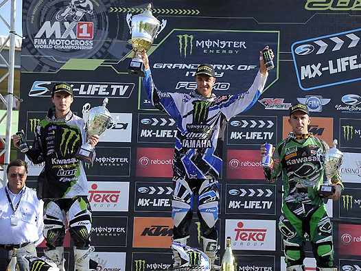 <b>Podium MX1 : Christophe Pourcel – Kawasaki, Gautier Paulin – Yamaha et Jonathan Barragan – Kawasaki (photo Youthstream)</b>