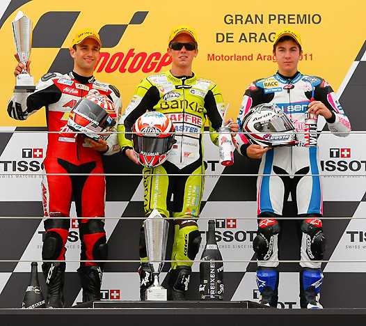 <b>Podium 125cc : Johann Zarco - Derbi-Avant-AirAsia-Ajo, Nico Terol - Aprilia-Bankia Aspar et Maverick Viñales - Aprilia-Blusens by Paris Hilton Racing (photo MotoGP.com)</b>