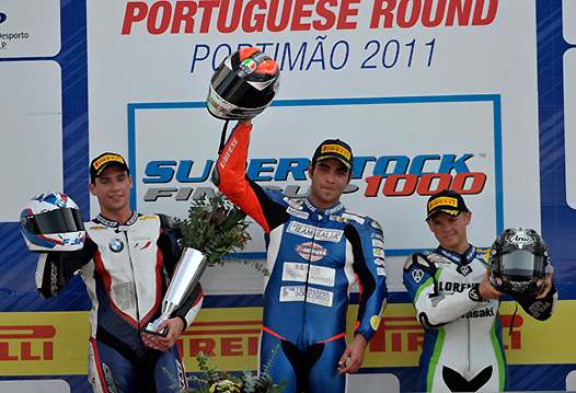 <b>Podium Superstock 1000 : Sylvain Barrier – BMW-BMW Motorrad Italia Superstock, Danilo Petrucci – Ducati et Sheridan Morais – Kawasaki (photo Worldsbk.com)</b>