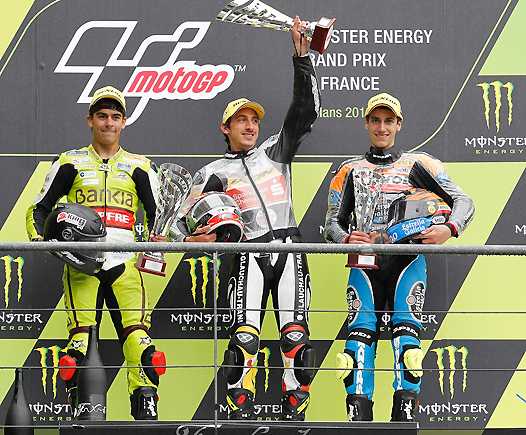 <b>Podium Moto3 : Alberto Moncayo - Kalex KTM, le Français Louis Rossi - FTR Honda-Racing Team Germany-FFM et Alex Rins - Suter Honda (photo MotoGP.com)</b>