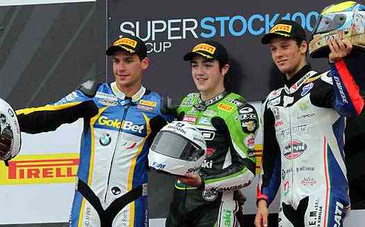 <b>Podium Superstock 1000 : Sylvain Barrier - BMW, Jérémy Guarnoni - Kawasaki et Lorenzo Savadori - Ducati (photo Worldsbk.com)</b>