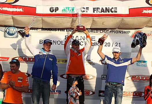 <b>Podium E3 : Joakim Ljunggren – Husaberg, Christophe Nambotin – KTM et Aigar Leok - TM (photo ABC Com)</b>