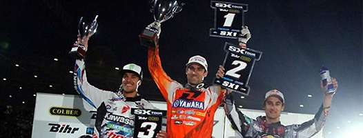<b>Podium SX1 : Gautier Paulin - Kawasaki, Justin Brayton - Yamaha et Marvin Musquin - KTM (photo DPO)</b>