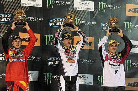<b>Podium MX1 : Clément Desalle - Suzuki, Toni Cairoli - KTM et Gautier Paulin - Kawasaki (photo Pascal Haudiquert/Mediacross)</b>