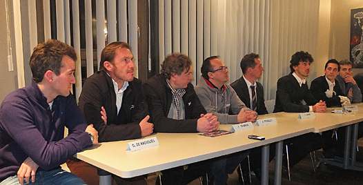 <b>Conférence de Presse avec (de gauche à droite) : Xavier Siméon, Didier de Radigues, Freddy Tacheny, Eduardo Perales, Fred Terrier - coach de Louis Rossi, Louis Rossi, Alexis Masbou et Mirko Cecchini (photo Luc Guillaume)</b>