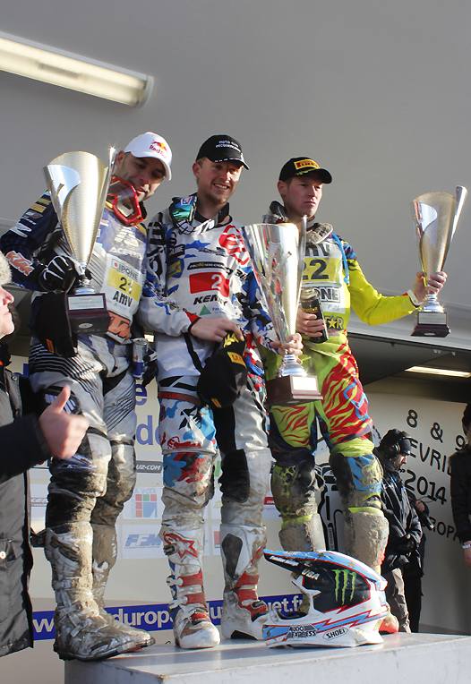 <b>Le podium de l’Enduropale : Antoine Méo – KTM, Adrien Van Beveren – Yamaha et Steve Ramon – Suzuki (photo Le Touquet-Paris-Plage)</b>