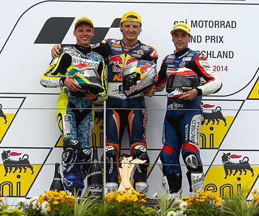 <b>Podium Moto3 : Brad Binder - Mahindra-Ambrogio Racing, Jack Miller - Red Bull KTM Ajo et Alexis Masbou - Honda-Ongetta Rivacold (photo MotoGP.com)</b>
