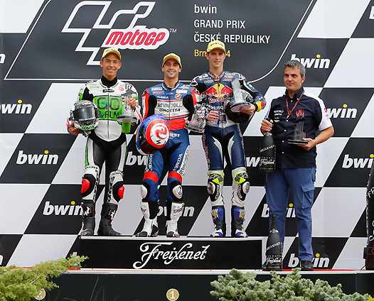 <b>Podium GP de la République Tchèque 2014 : Enea Bastianini - KTM-Junior Team GO&FUN, Alexis Masbou - Honda-Ongetta-Rivacold et Danny Kent - Red Bull Husqvarna Ajo (photo MotoGP.com)</b>