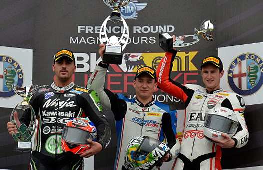 <b>Podium Superstock 1000 : Romain Lanusse -Kawasaki, Matthieu Lussiana - Kawasaki et Jed Metcher - Ducati (photo www.worldsbk.com)</b>