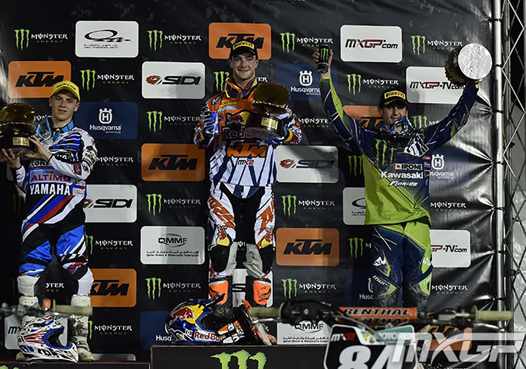 <b>Podium MX2 : Julien Lieber - Yamaha, Jeffrey Herlings - KTM et Dylan Ferrandis - Kawasaki (photo www.mxgp.com)</b>