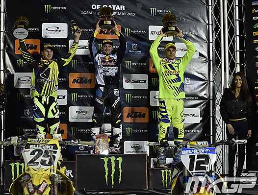 <b>Podium MXGP : Clément Desalle - Suzuki, Max Nagl - HVA et Gautier Paulin - Honda (photo www.mxgp.com)</b>