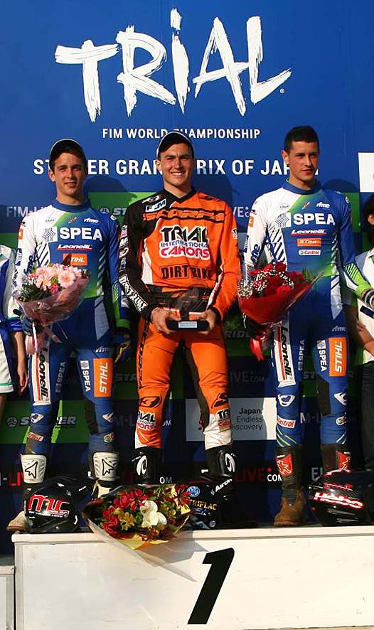 <b>Podium Coupe du Monde dimanche : Miquel Gelabert - Sherco, Benoit Bincaz - Scorpa et Oriol Noguera - Honda (photo Trial-Club.com)</b>