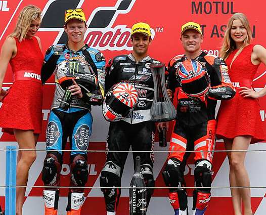 <b>Podium Moto2 : Tito Rabat - Kalex-Honda, Johann Zarco - Kalex-Honda et Sam Lowes - Speed Up-Honda (photo MotoGP.com)</b>
