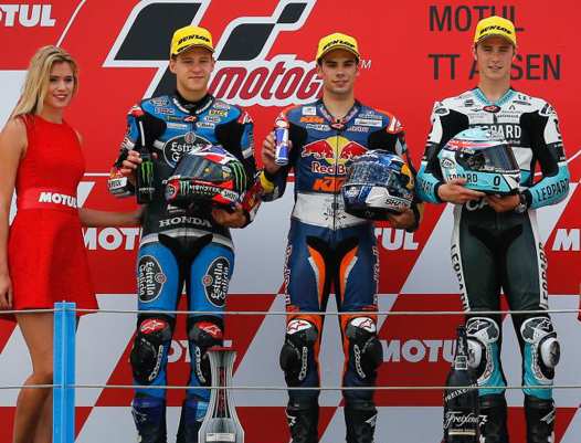 <b>Podium Moto3 : Fabio Quartararo - Honda, Miguel Oliviera - KTM et Danny Kent - Honda (photo MotoGP.com)</b>