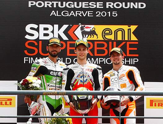 <b>Le podium Supersport : Kenan Sofuoglu - Kawasaki, Jules Cluzel - MV Agusta et Patrick Jacobsen - Honda (photo WSBK.com)</b>
