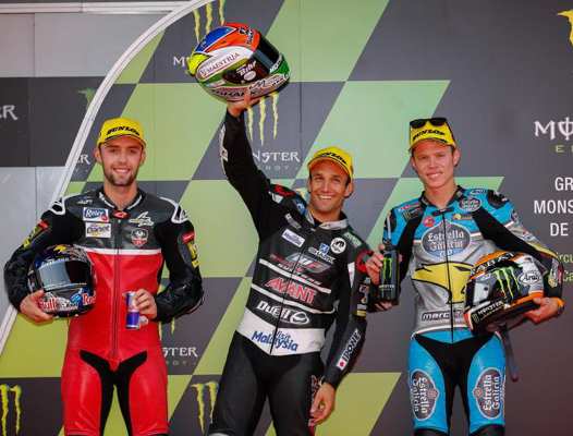 <b>Le podium Moto2 : Álex Rins - Kalex-Honda, Johann Zarco - Kalex-Honda et Toto Rabat - Kalex-Honda (photo www.motogp.com)</b>