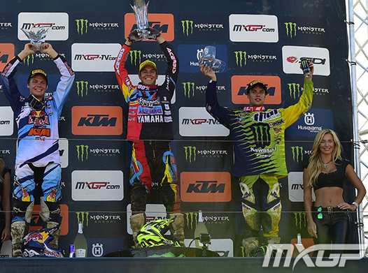 <b>Podium MX2 : Pauls Jonass - KTM, Valentin Guillod - Yamaha et Jordi Tixier - Kawasaki (photo MXGP.com)</b>