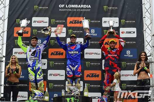 <b>Podium MXGP : Jeremy Van Horebeek - Yamaha, Romain Febvre - Yamaha et Evgeny Bobryshev - Honda (photo MXGP.com)</b>