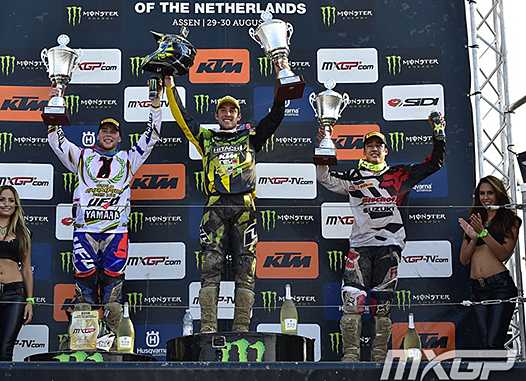<b>Podium : Romain Febvre - Yamaha, Shaun Simpson - KTM et Glenn Coldenhoff - Suzuki (photo MXGP.com)</b>