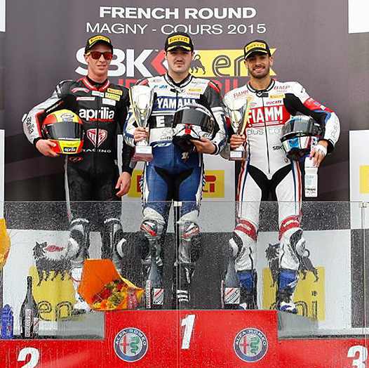 <b>Podium STK1000 : Kevin Calia - Aprilia, Jérémy Guarnoni - Yamaha et Raffaele De Rosa - Ducati (photo SBK.com)</b>