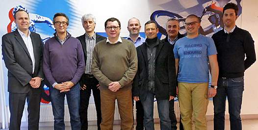 <b>De gauche à droite : Sébastien Poirier (Directeur Général - FFM), Bruno Muller (Zero Motorcycles), Eric Antunes (KTM), Jacques Bolle (Président de la FFM), Jérôme Fauchet (Electrik Bike), Jean-Paul Lévy (Racinger), Philippe Aresten (Electric Motion), Pierpaolo Rigo (Tacita), Vincent Chaumet-Riffaud (Directeur des Sports – FFM).</b>
