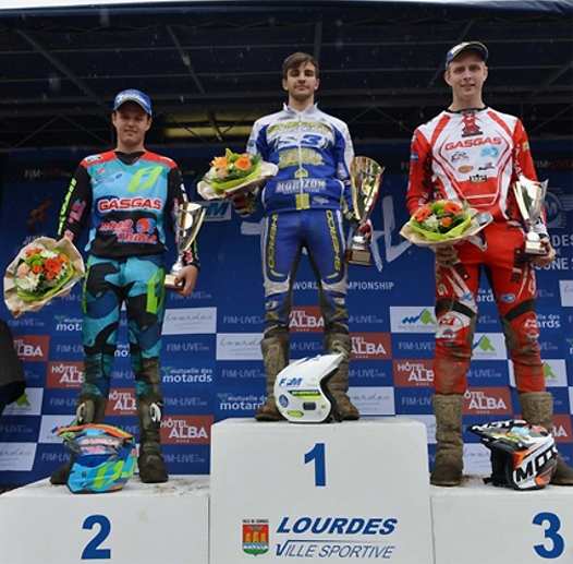 <b>Podium Trial2 - samedi : Jack Price - Gas Gas, Gaël Chatagno - Sherco et Dan Peace - Gas Gas (photo FIM)</b>