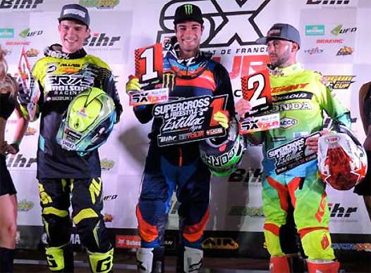 <b>Podium SX1 : Thomas Ramette - Suzuki, Xavier Boog - Kawasaki et Valentin Teillet - Honda (photo JLFO)</b>