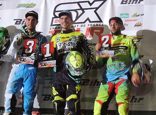 <b>Podium SX1 : Xavier Boog - Kawasaki, Thomas Ramette - Suzuki et Valentin Teillet - Honda (photo JLFO)</b>