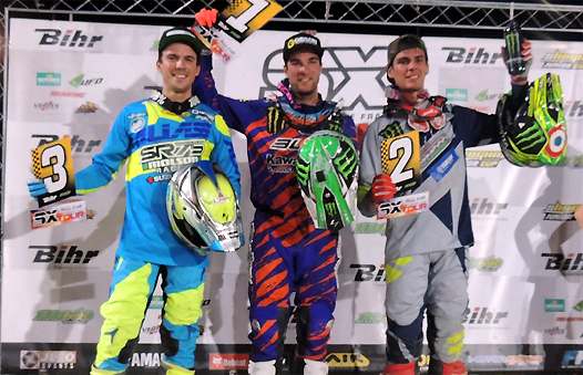 <b>Podium SX1 : Thomas Ramette - Suzuki, Xavier Boog - Kawasaki et Cédric Soubeyras - Yamaha (photo JLFO)</b>