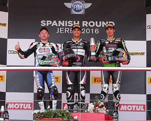 <b>Podium STK1000 : Lucas Mahias - Yamaha, Maximilian Scheib - BMW et Toprak Razgatlioglu - Kawasaki (photo WSBK.com)</b>