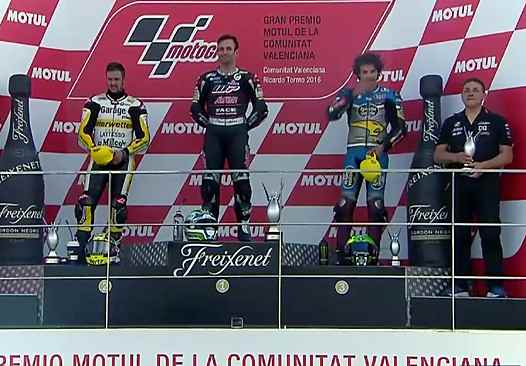 <b>Podium Moto2 : Tom Lüthi - Kalex-Honda, Johann Zarco - Kalex-Honda, Franco Morbidelli - Kalex-Honda et Laurent Fellon - Manager de Johann Zarco (photo www.johannzarco.com)</b>