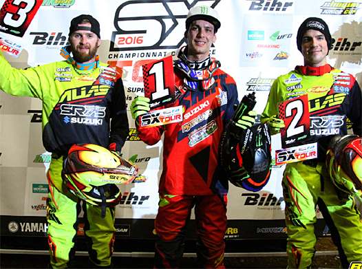 <b>SX1 : Cyrille Coulon - Suzuki, Cédric Soubeyras - Suzuki et Thomas Ramette - Suzuki (photo Orgacom)</b>