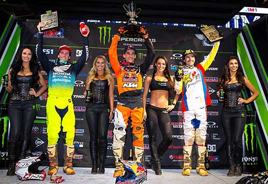 <b>Podium SX450 : Cole Seely - Honda, Marvin Musquin – KTM et Jason Anderson - HVA (photo amasupercross.com)</b>