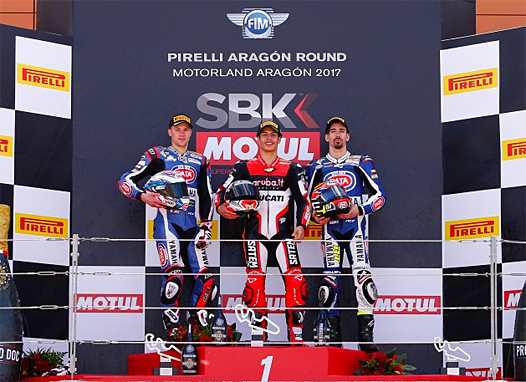 <b>Podium Superstock 1000 : Florian Marino - Yamaha, Michael Ruben Rinaldi - Ducati et Roberto Tamburini - Yamaha (photo WSBK.com)</b>
