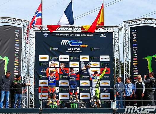 <b>Podium EMX125 : Kevin Horgmo - KTM, Brian Strubhart Moreau - Kawasaki et Sergi Notario - KTM (photo MXGP.com)</b>
