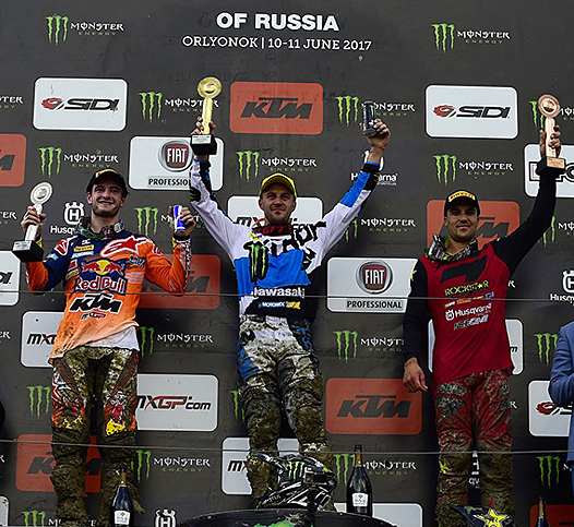 <b>Podium MXGP : Jeffrey Herlings - KTM, Clément Desalle - Kawasaki et Gautier Paulin - HVA (photo MXGP.com)</b>