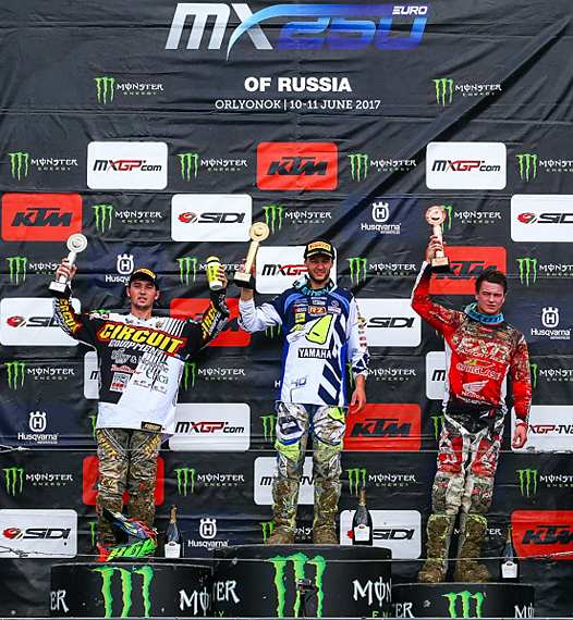 <b>Podium EMX250 : Mathys Boisramé - Honda, Simone Furlotti - Yamaha et Dylan Walsh - Honda (photo MXGP.com)</b>