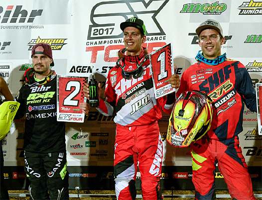 <b>Podium SX1 : Nicolas Aubin - Suzuki, Cédric Soubeyras - Suzuki et Thomas Ramette - Suzuki (photo SX Tour)</b>