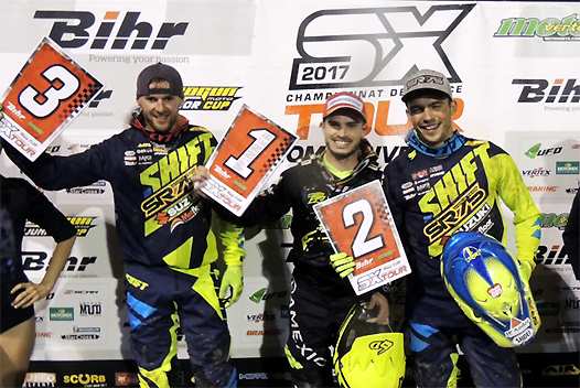 <b>Podium SX1 : Cyrille Coulon - Suzuki, Nicolas Aubin - Suzuki et Thomas Ramette - Suzuki (photo SX Tour)</b>