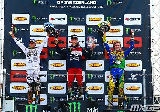 <b>Podium EMX125 : Gianluca Facchetti - HVA, Brian Strubhart Moreau - Kawasaki et Mattia Guadagnini - TM (photo MXGP.com)</b>