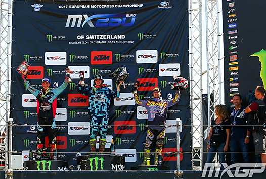 <b>Podium EMX250 : Morgan Lesiardo - Kawasaki, Tristan Charboneau - Kawasaki et Mathys Boisramé - Honda (photo MXGP.com)</b>