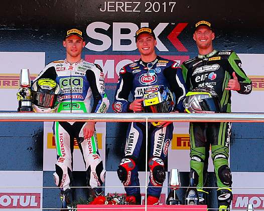 <b>Podium Supersport : Jules Cluzel - Honda, Federico Caricasulo - Yamaha et Anthony West - Kawasaki (photo WSBK)</b>