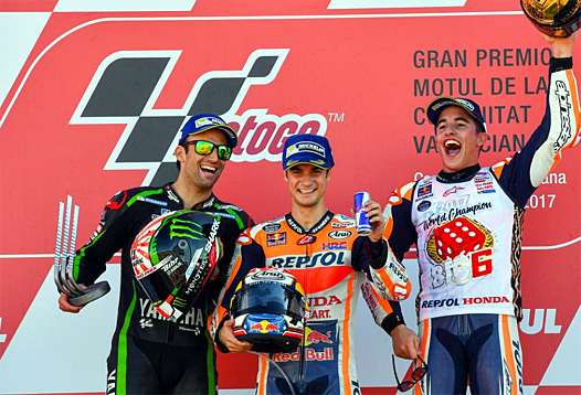 <b>Podium MotoGP : Johann Zarco - Yamaha, Dani Pedrosa - Honda et Marc Marquez - Honda (photo www.MotoGP.com)</b>