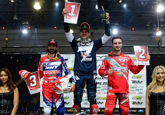 Podium SX1 : Fabien Izoird (gauche), Cédric Soubeyras (centre) et Adrien Escoffier (droite) 