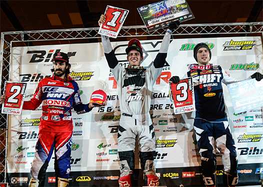 Podium SX1 : Fabien Izoird (gauche), Cédric Soubeyras (centre) et Thomas Ramette (droite).